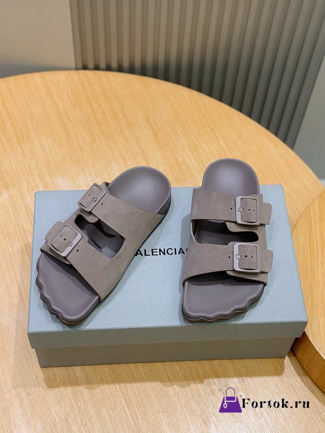 Fortok Balenciaga Taupe Suede Double-Buckle Slide Sandals  - 1