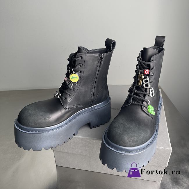Fortok Balenciaga Strike 80mm Platform Combat Boots Charm Black - 1