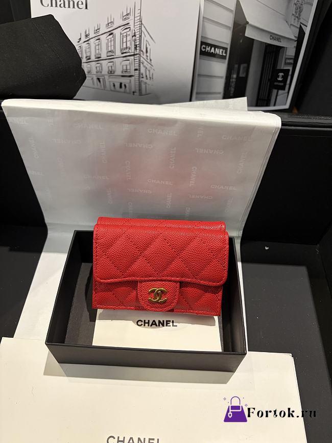 Fortok Chanel Red Quilted Caviar Classic Flap Card Holder Wallet 10.5*7.5*3cm - 1