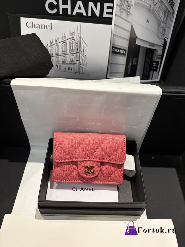 Fortok Chanel Coral Pink Quilted Caviar Classic Flap Card Holder Wallet 10.5*7.5*3cm - 1