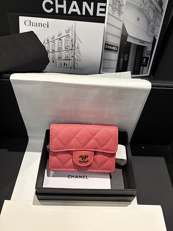 Fortok Chanel Coral Pink Quilted Caviar Classic Flap Card Holder Wallet 10.5*7.5*3cm