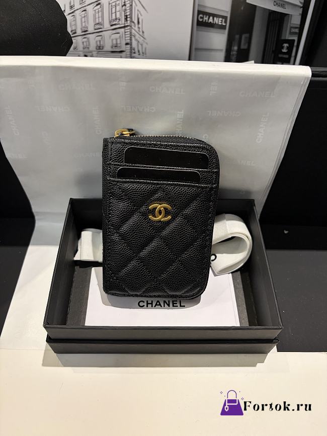 Fortok Chanel Card Holder Zipper Wallet Caviar Black 7.5×2×11cm - 1