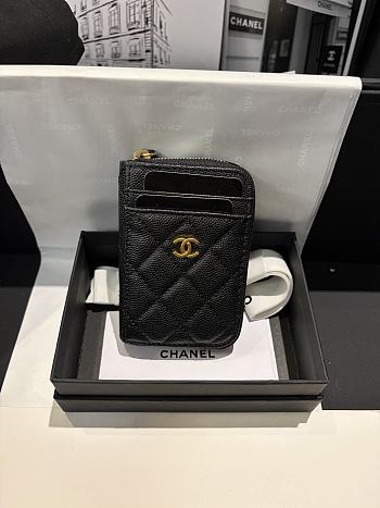 Fortok Chanel Card Holder Zipper Wallet Caviar Black 7.5×2×11cm