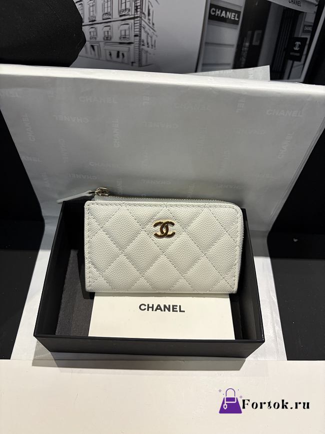 Fortok Chanel Lambskin Zip Around Coin Purse Wallet White 11*7cm - 1