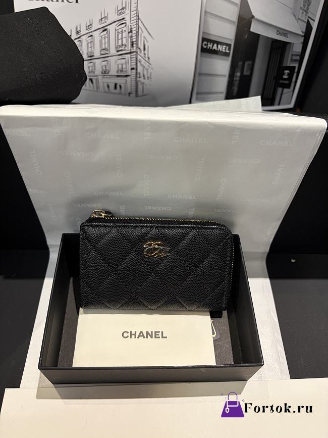 Fortok Chanel Lambskin Zip Around Coin Purse Wallet Black 11*7cm - 1