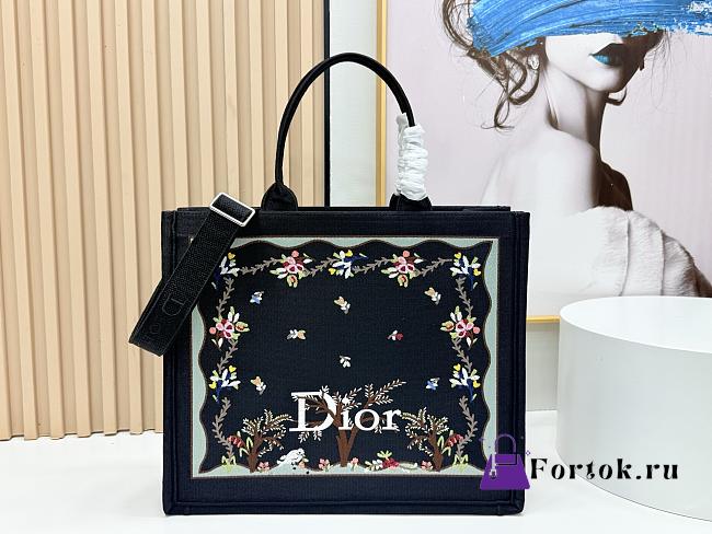 Fortok Dior Dioramour Large Dior Book Tote with Strap Black Multicolor Revolution Flowers Embroidery 41*14*32cm - 1