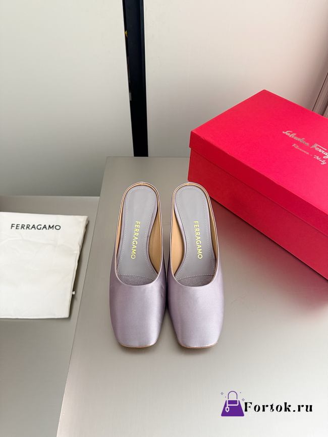 Fortok Ferragamo S-shaped heel mule Purple Satin 5cm - 1