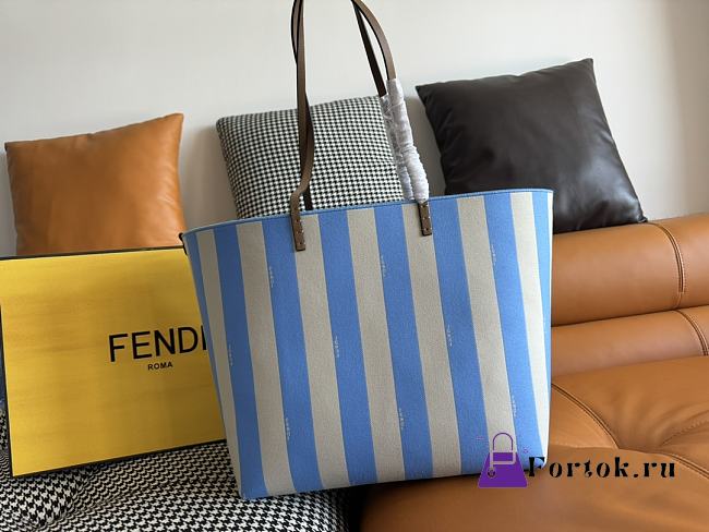 Fortok Fendi Pequin Roll Striped Reversible Tote Bag Blue 35*32*19.5cm  - 1