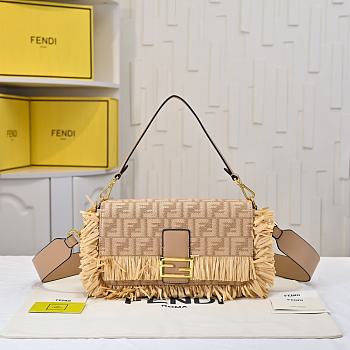 Fortok Fendi Baguette bag Beige FF jacquard fabric tassels 26.5-18-8.5cm