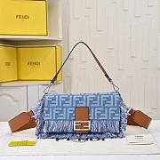 Fortok Fendi Baguette bag blue denim-effect FF jacquard fabric tassels Silver Hardware 26.5-18-8.5cm - 1