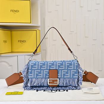 Fortok Fendi Baguette bag blue denim-effect FF jacquard fabric tassels Silver Hardware 26.5-18-8.5cm