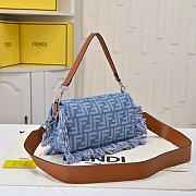 Fortok Fendi Baguette bag blue denim-effect FF jacquard fabric tassels Silver Hardware 26.5-18-8.5cm - 6