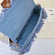 Fortok Fendi Baguette bag blue denim-effect FF jacquard fabric tassels Silver Hardware 26.5-18-8.5cm - 3