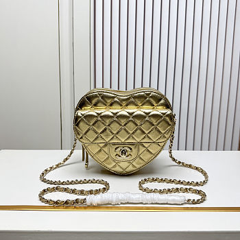 Fortok Chanel Metallic Lambskin Quilted CC Love Heart Bag Gold 18x19 x5.5cm