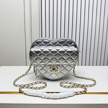 Fortok Chanel Metallic Lambskin Quilted CC Love Heart Bag Silver 18x19 x5.5cm