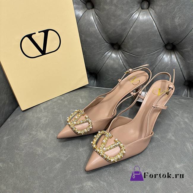 Fortok Valentino Garavani VLogo Signature Slingback Pump Leather Beige 80Mm - 1