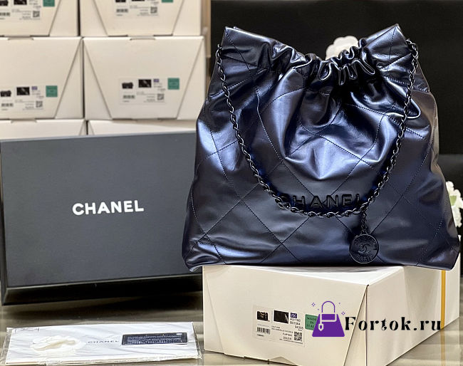 Fortok Chanel 22 handbag metallic quilted calfskin leather Blue 39x42x8cm - 1
