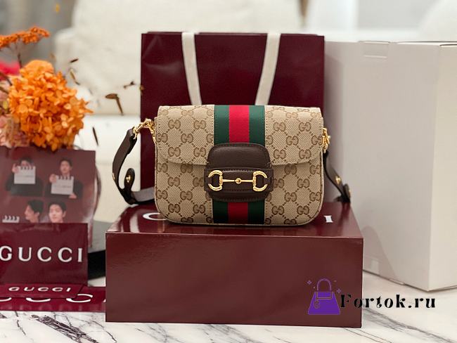 Fortok Gucci Horsebit 1955 Small Shoulder Bag GG Canvas Brown 21*14.5*5.5cm - 1