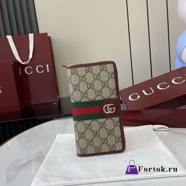 Fortok Gucci Ophidia Long Zip Around Wallet GG Canvas Burgundy 10x 20x 2.5cm - 1