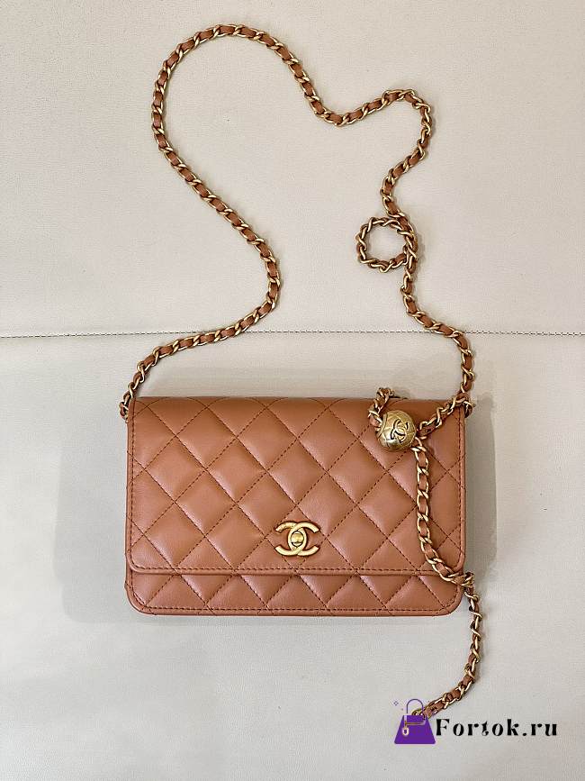 Fortok Chanel Wallet On Chain WOC Attached Ball Camel Brown 19cm - 1