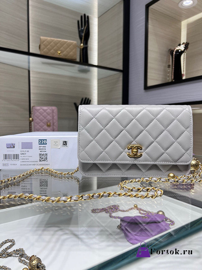Fortok Chanel Wallet On Chain WOC Attached Ball Light Grey 19cm - 1