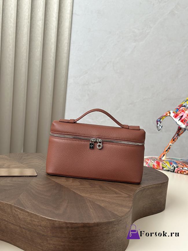 Fortok Extra Pocket L19 Grained Calfskin Loro Piana Kummel 11 x 19 x 6.5 cm - 1