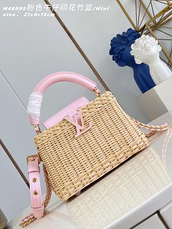 Fortok Louis Vuitton Capucines Mini Rattan Handbag Pink 21 x 13.6 x 8cm
