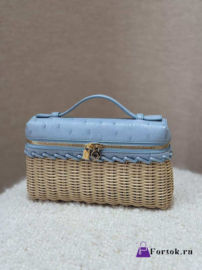 Fortok Loro Piana Extra Pocket L19 Wicker Ostrich Leather Blue 19*7*12cm - 1