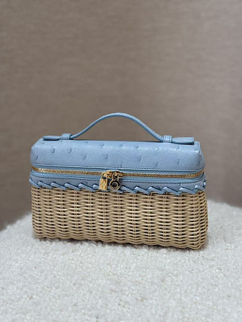 Fortok Loro Piana Extra Pocket L19 Wicker Ostrich Leather Blue 19*7*12cm