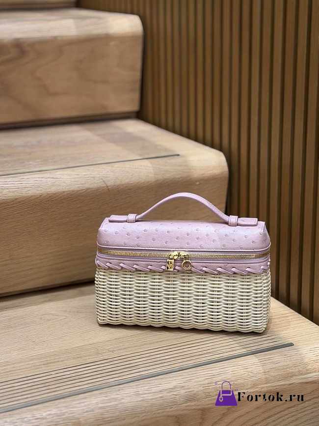 Fortok Loro Piana Extra Pocket L19 Wicker Ostrich Leather Pink 19*7*12cm - 1