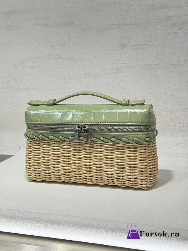 Fortok Loro Piana Extra Pocket L19 Wicker Crocodile Leather Green 19*7*12cm - 1