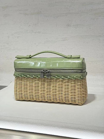 Fortok Loro Piana Extra Pocket L19 Wicker Crocodile Leather Green 19*7*12cm