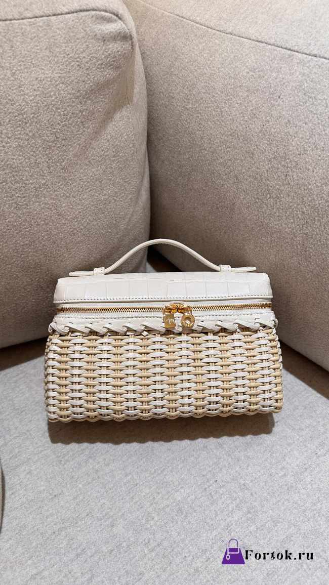 Fortok Loro Piana Extra Pocket L19 Wicker Crocodile Leather White 19*7*12cm - 1