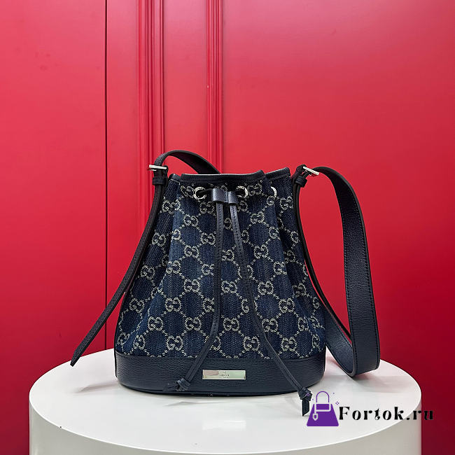 Fortok Gucci Venice Small Bucket Bag Blue GG Denim 21 x 23.5 x 14cm - 1