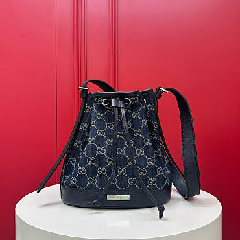 Fortok Gucci Venice Small Bucket Bag Blue GG Denim 21 x 23.5 x 14cm