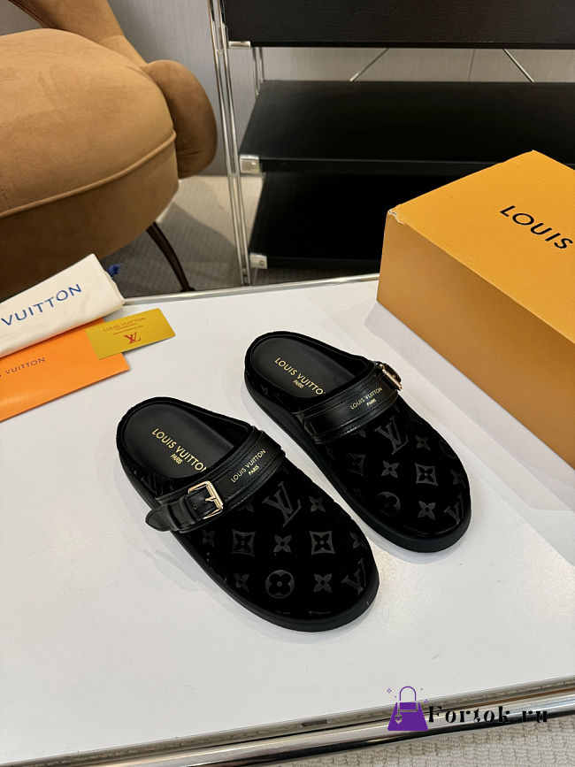 Fortok Louis Vuitton LV Easy Mules Black Monogram Suede - 1