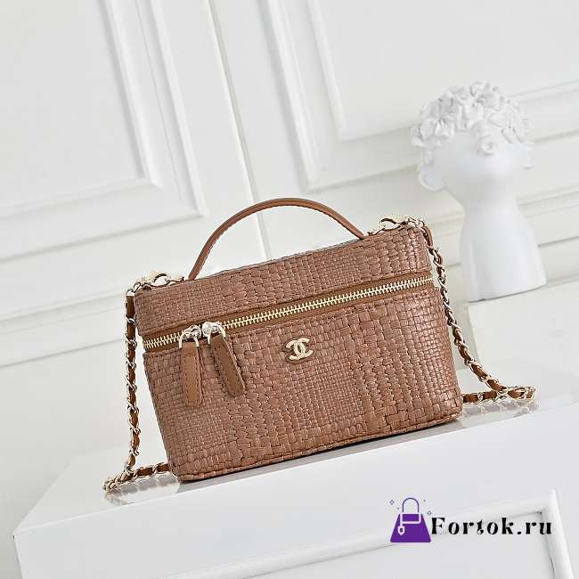 Fortok Chanel Braided Raffia Quilted Top Handle Slim Vanity Case Brown 17x19.5x5cm - 1