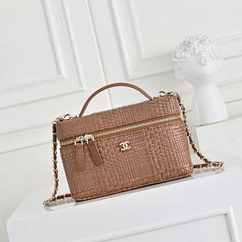 Fortok Chanel Braided Raffia Quilted Top Handle Slim Vanity Case Brown 17x19.5x5cm
