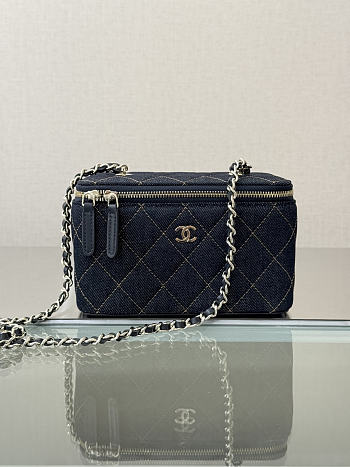 Fortok Chanel Denim Quilted Vanity Case With Chain Dark Blue 9.5*17*8cm