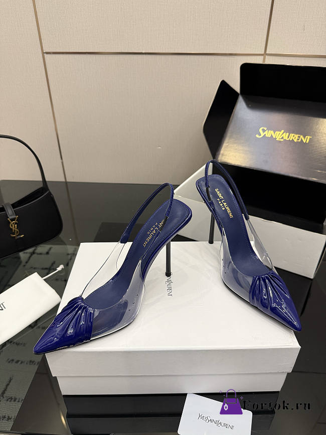 Fortok Saint Laurent Slingback Pumps Pointed Toe Navy Blue 10.5cm - 1