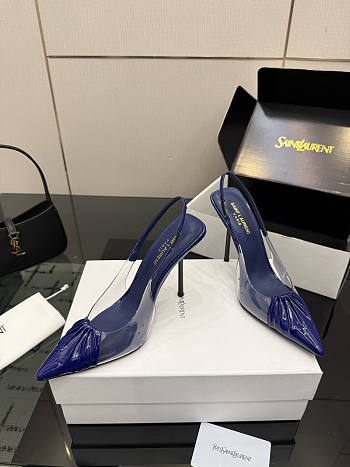 Fortok Saint Laurent Slingback Pumps Pointed Toe Navy Blue 10.5cm