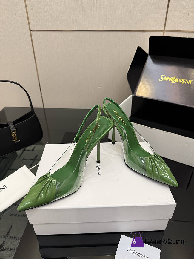 Fortok Saint Laurent Slingback Pumps Pointed Toe Green 10.5cm - 1