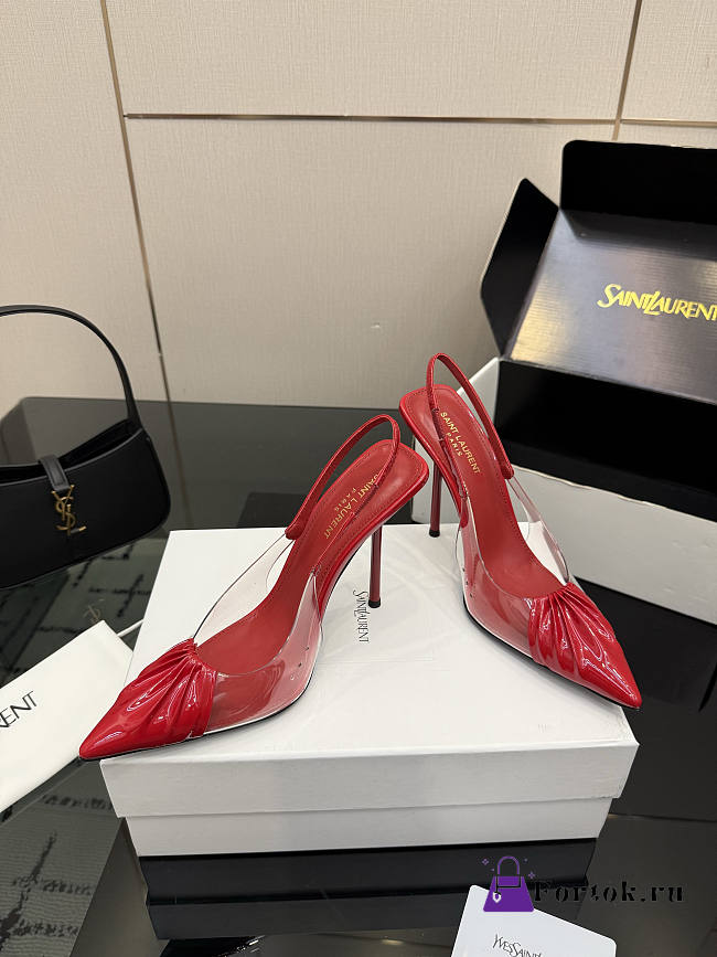 Fortok Saint Laurent Slingback Pumps Pointed Toe Red 10.5cm - 1