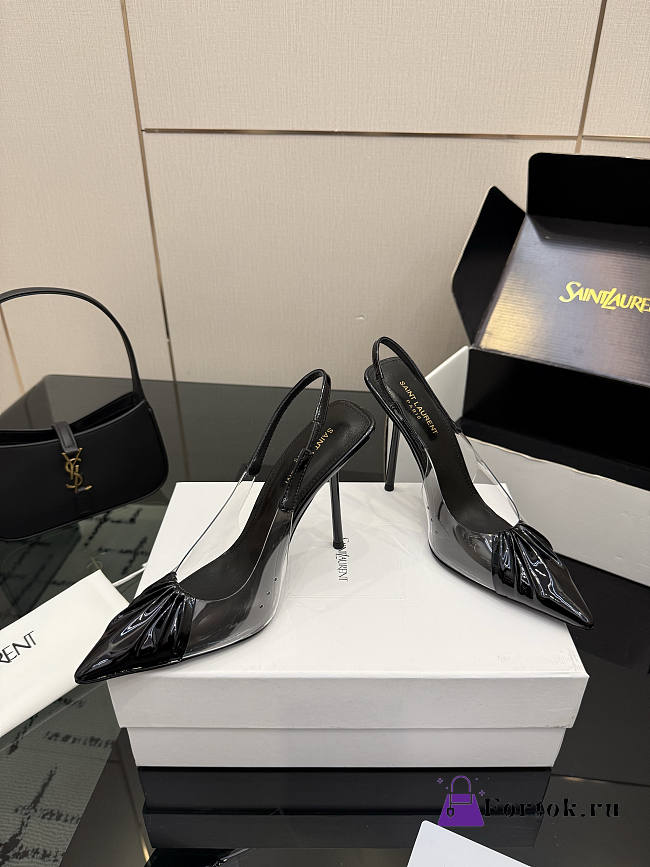 Fortok Saint Laurent Slingback Pumps Pointed Toe Black 10.5cm - 1