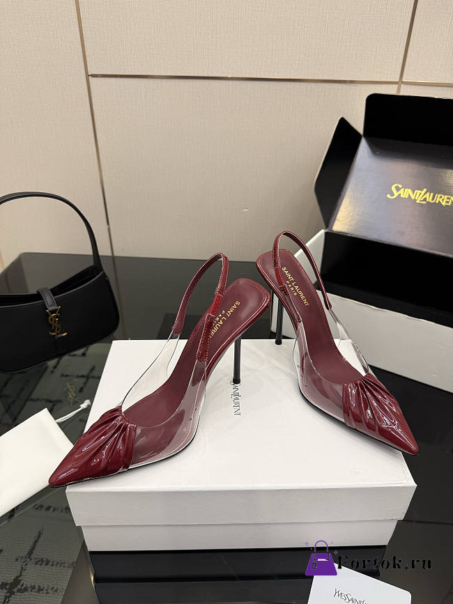 Fortok Saint Laurent Slingback Pumps Pointed Toe Burgundy 10.5cm - 1