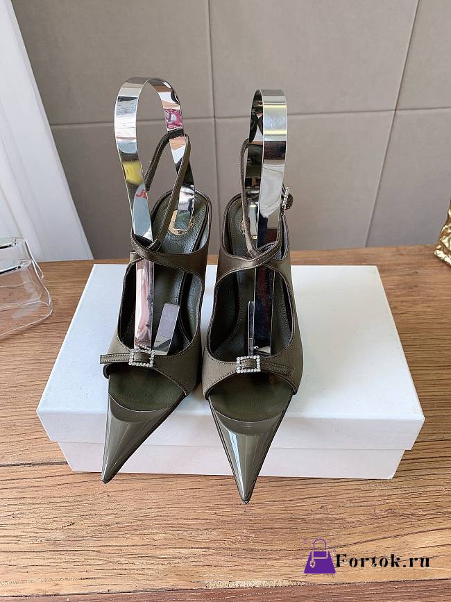 Fortok Saint Laurent Runway Heel Pointed-Toe Olive Green 10cm - 1