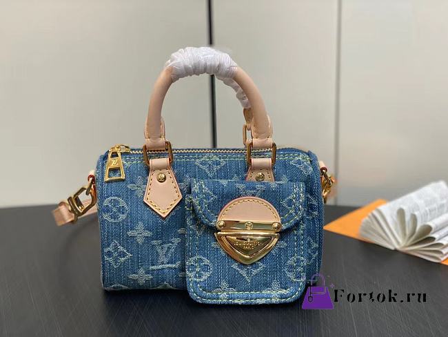 Fortok Louis Vuitton Nano Speedy Bag Blue Monogram Denim 16*7.5*10Cm - 1