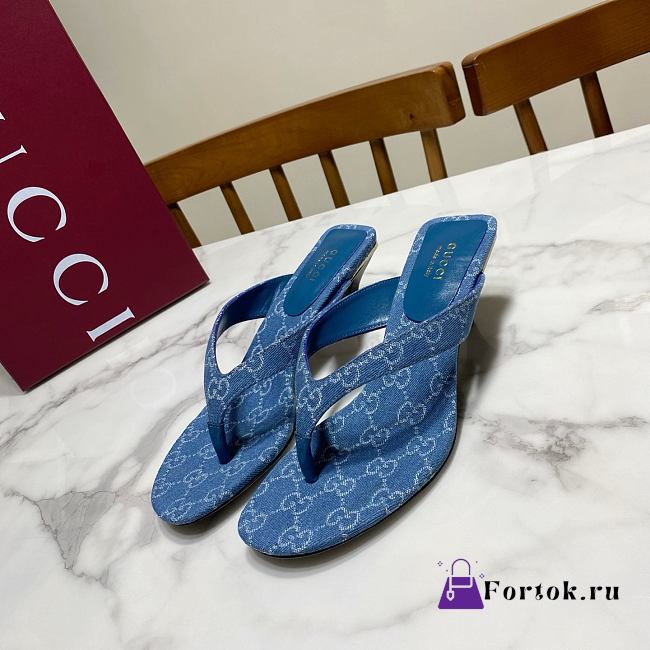 Fortok Gucci Vittoria Thong Sandals Blue GG Canvas 5.5cm - 1