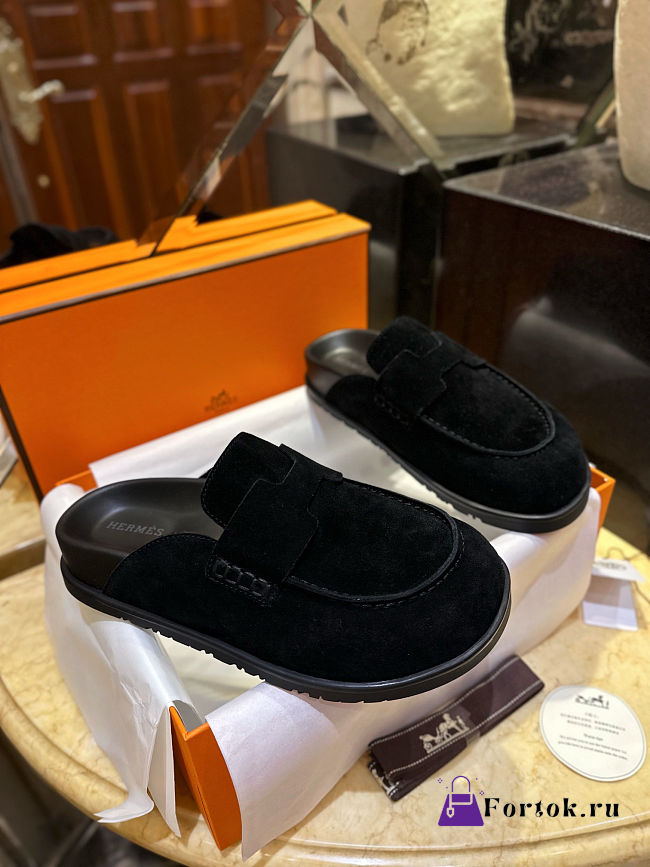 Fortok Hermès Go Mules Black Suede Calfskin H cut-out  - 1