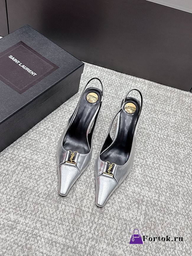 Fortok Saint Laurent BABYLONE BRETEUIL Slingback Pumps Silver 7.5cm - 1